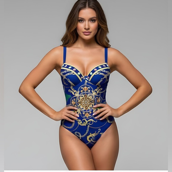 Blue Chain Print Push Up One Piece Swimsuit With Beach Skirt - Picture 3 of 11